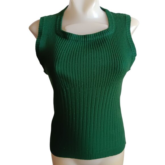 Women's Medium/Large Vintage Sweater Green Ribbed Knit Sleeveless Top 70s Knit - Picture 2 of 5